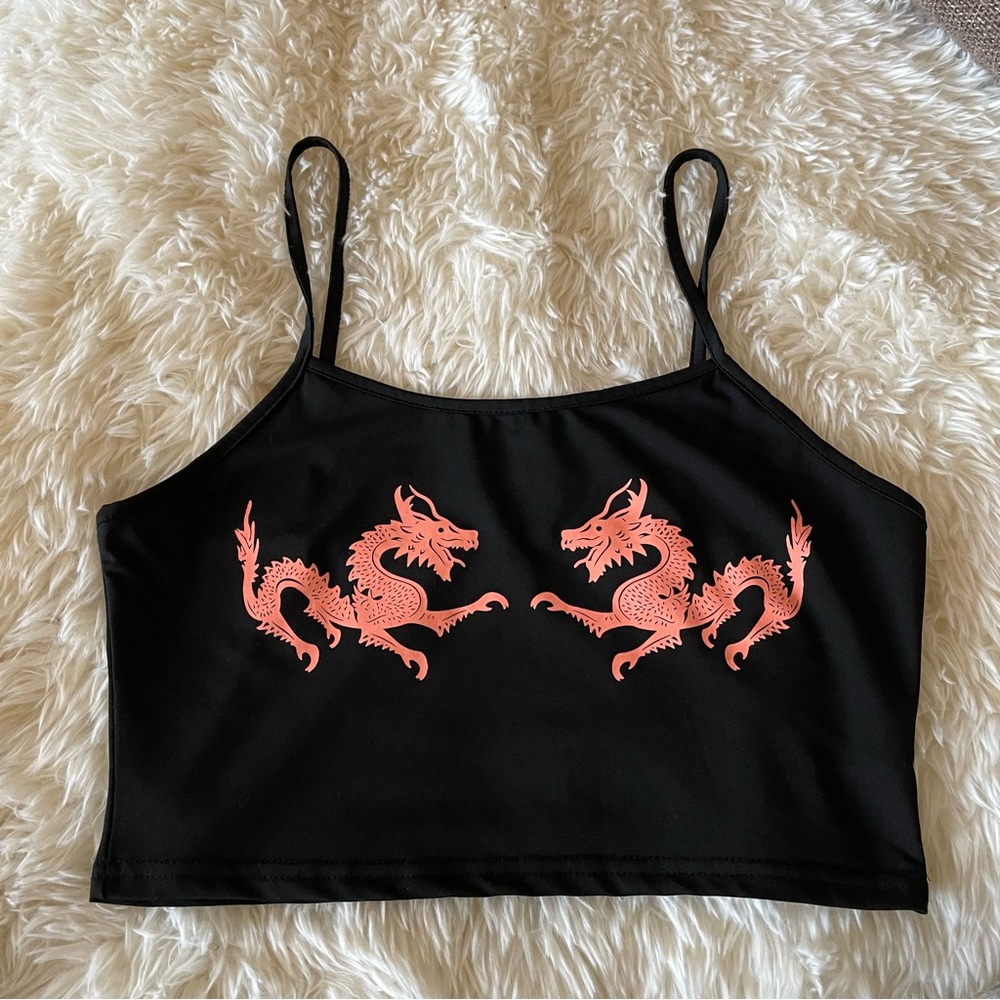 Shein Chinese Dragons Print Sleeveless Black Crop Top - S - Picture 4 of 8